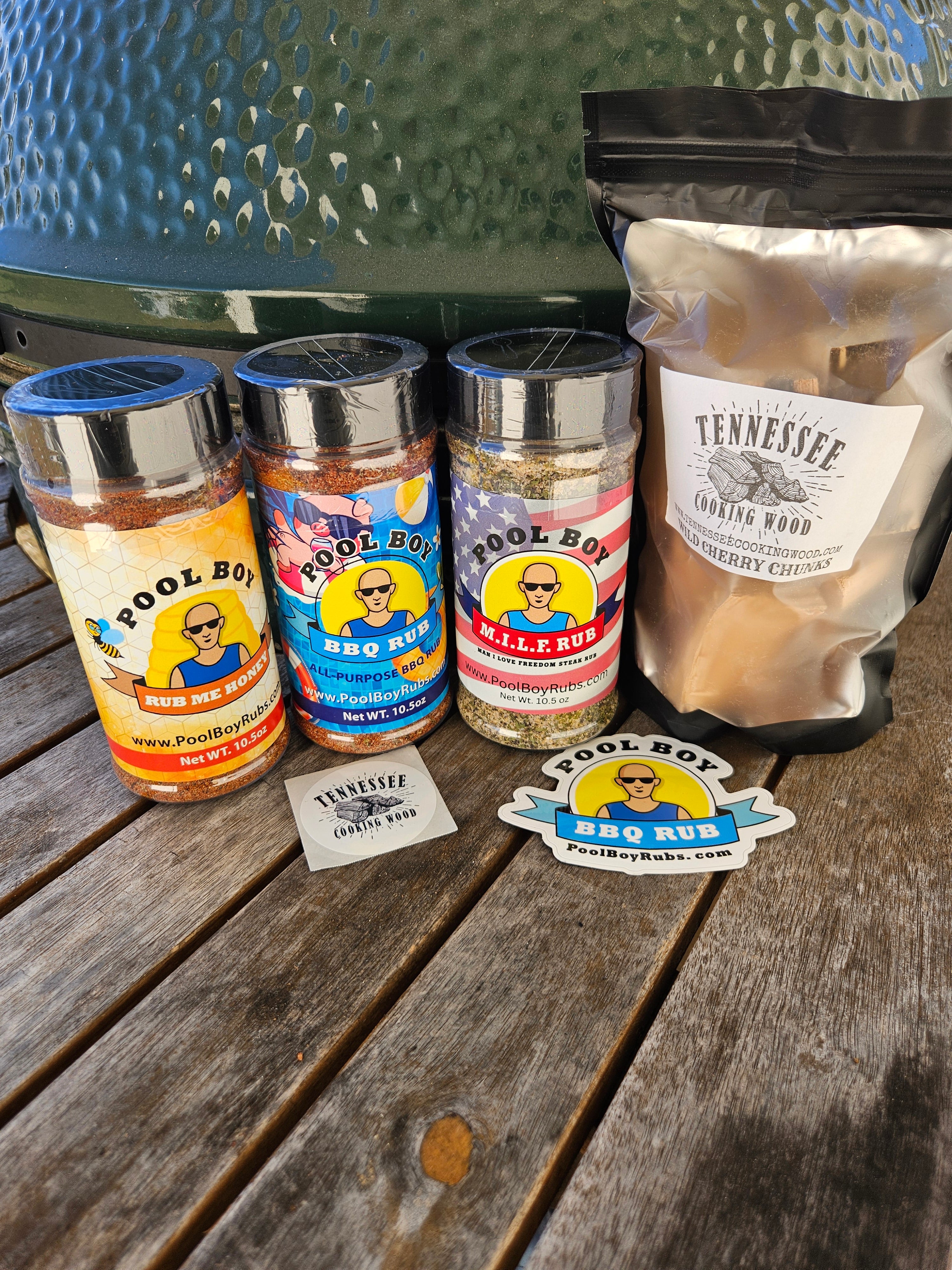 BBQ Starter Pack - 3 Pool Boy Rubs and a 6 Pack of Tennessee Cooking Wood