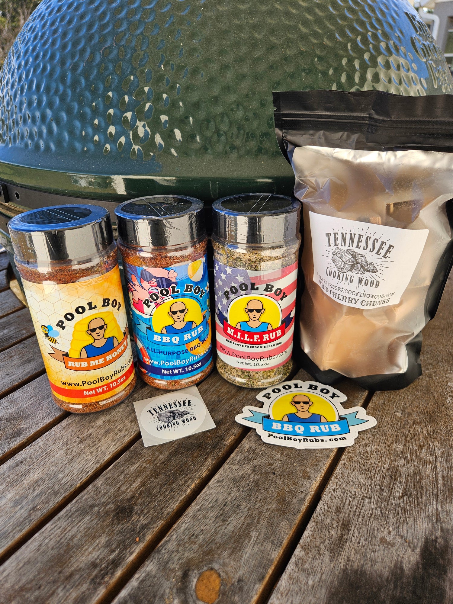 BBQ Starter Pack - 3 Pool Boy Rubs and a 6 Pack of Tennessee Cooking Wood